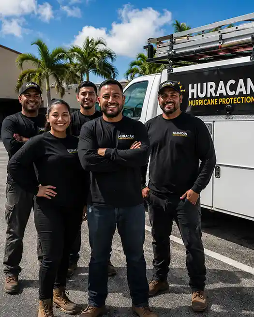 The Flores Huracán Protection installation team standing in front of their branded service truck in Broward County, Florida