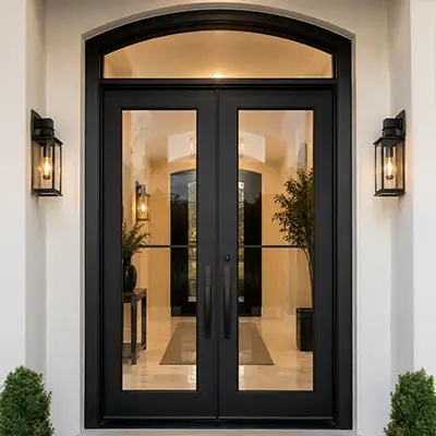 Black hurricane impact-resistant double entry doors with glass panels on a Florida home