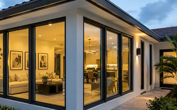 Hurricane impact-resistant windows on a modern South Florida home at dusk